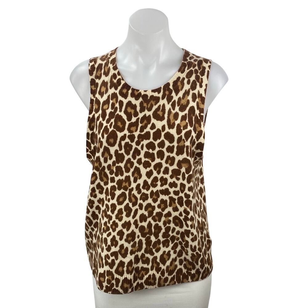 J.Crew Beige Leopard 100% Cashmere Sleeveless Knit Sweater Vest Tank Top Size L